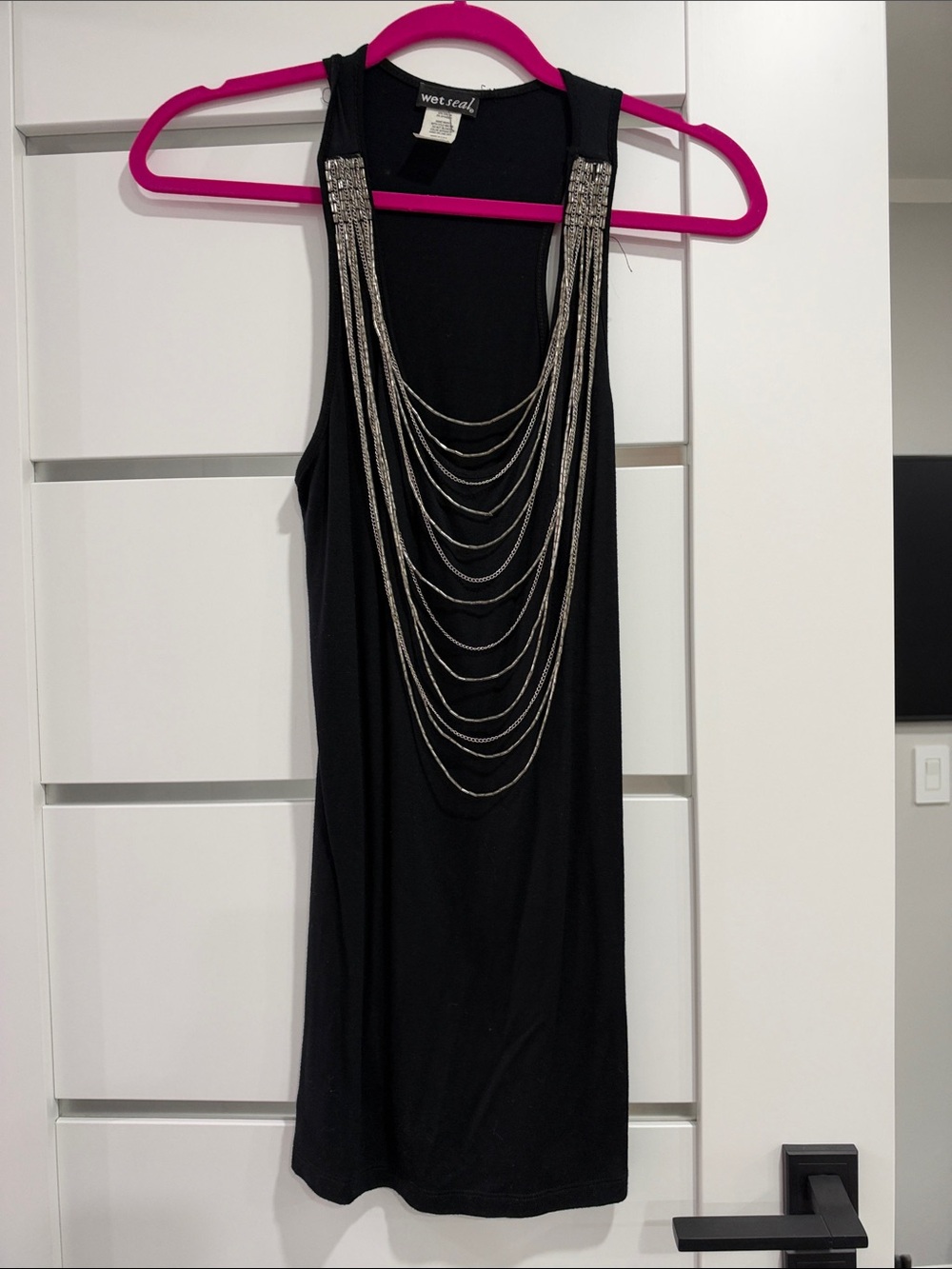 Wet Seal Black Sleeveless Mini Dress with Silver Chain Detail